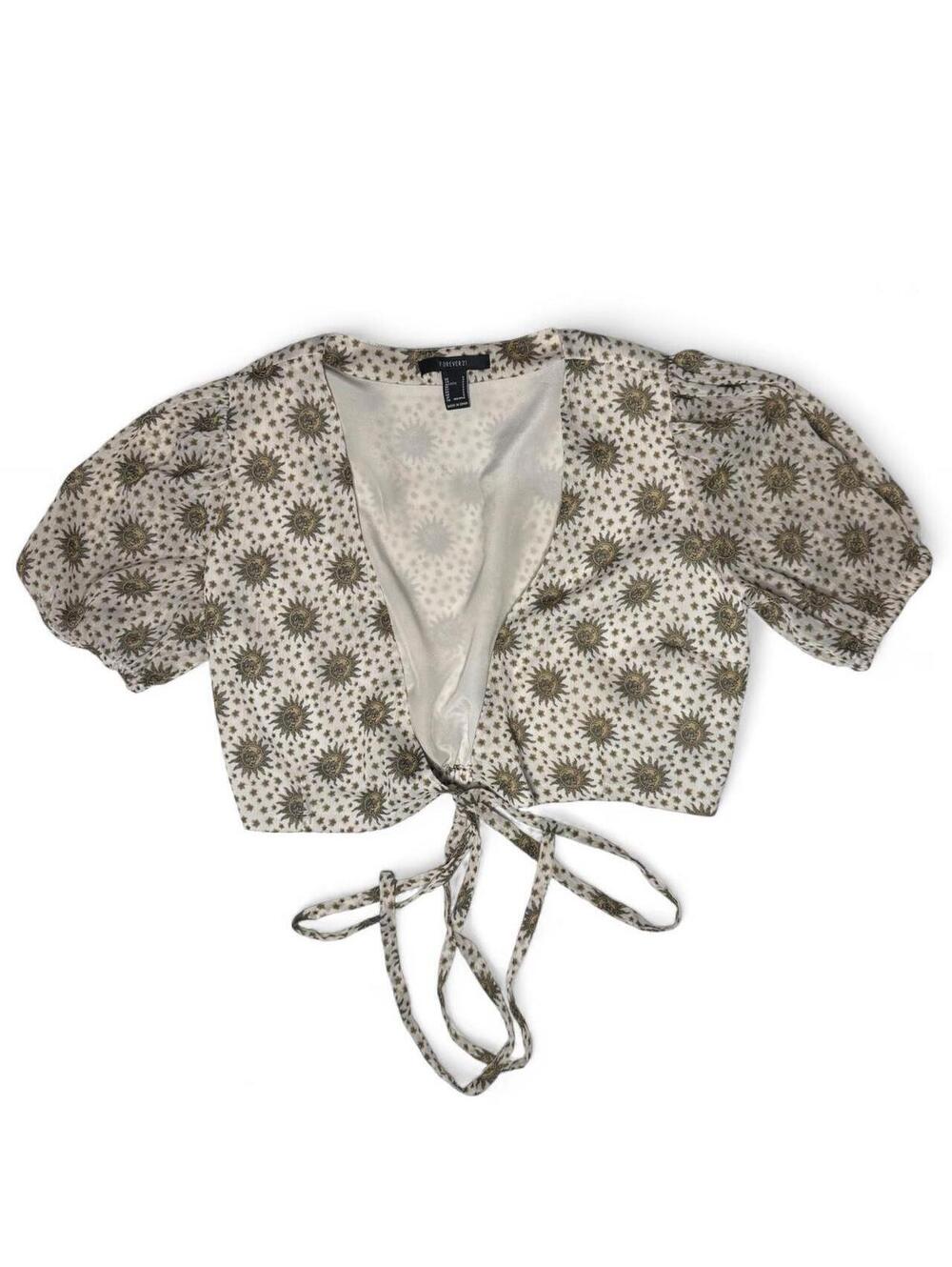 Vintage White Celestial Lightweight Festival Balloon Sleeve Wrap Tie Top Size S